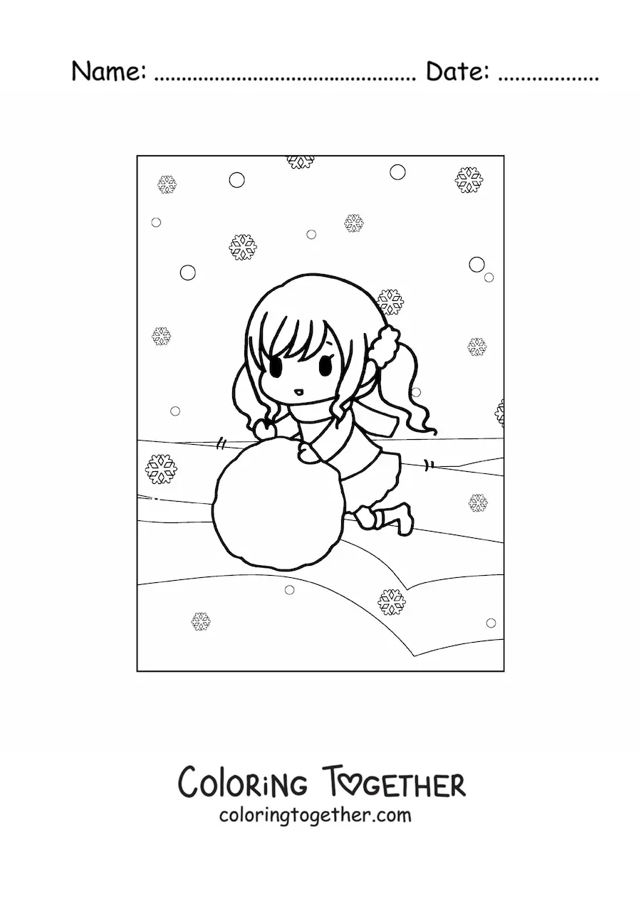 Coloring page of a kawaii girl with a snowball