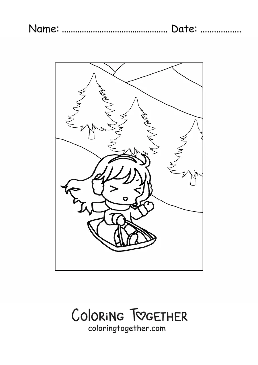 Coloring page of a happy kawaii girl on a sled