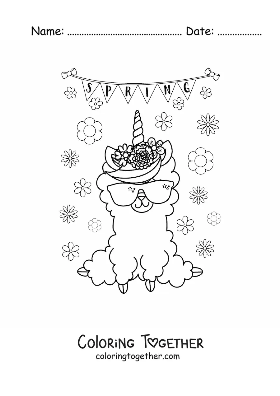 Coloring page of spring in English with a kawaii llama
