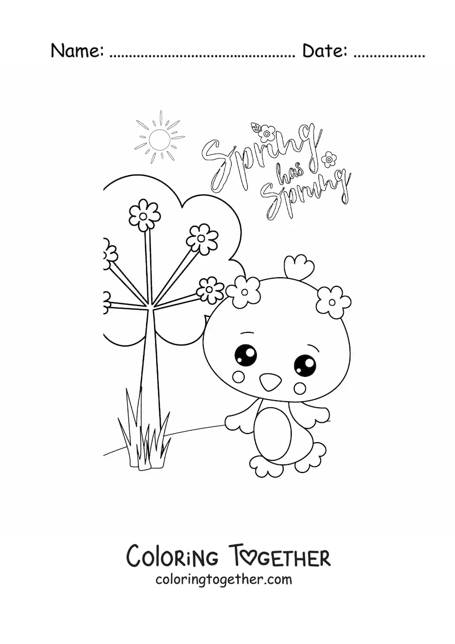 Coloring page of spring in English with a kawaii chick
