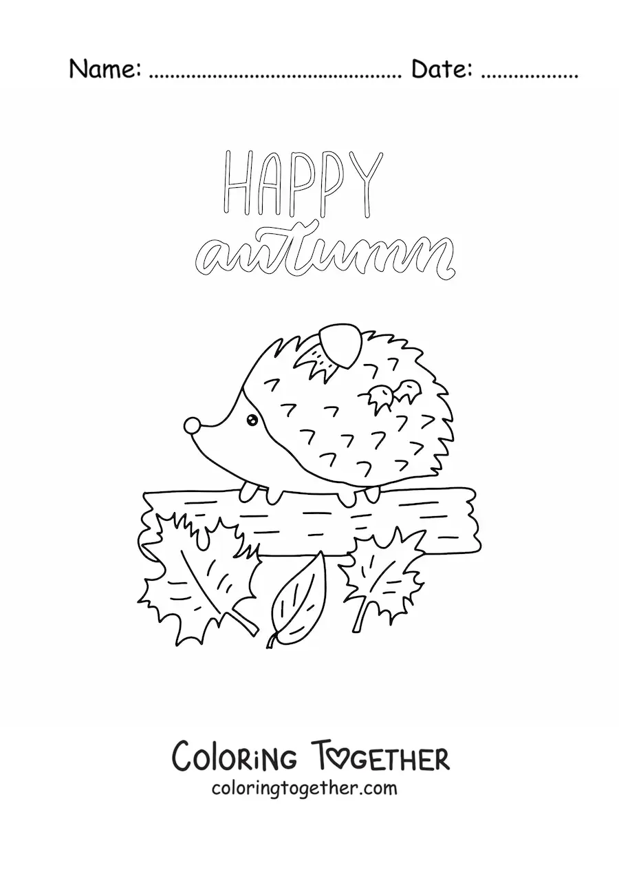 Coloring page of autumn in English with a kawaii porcupine