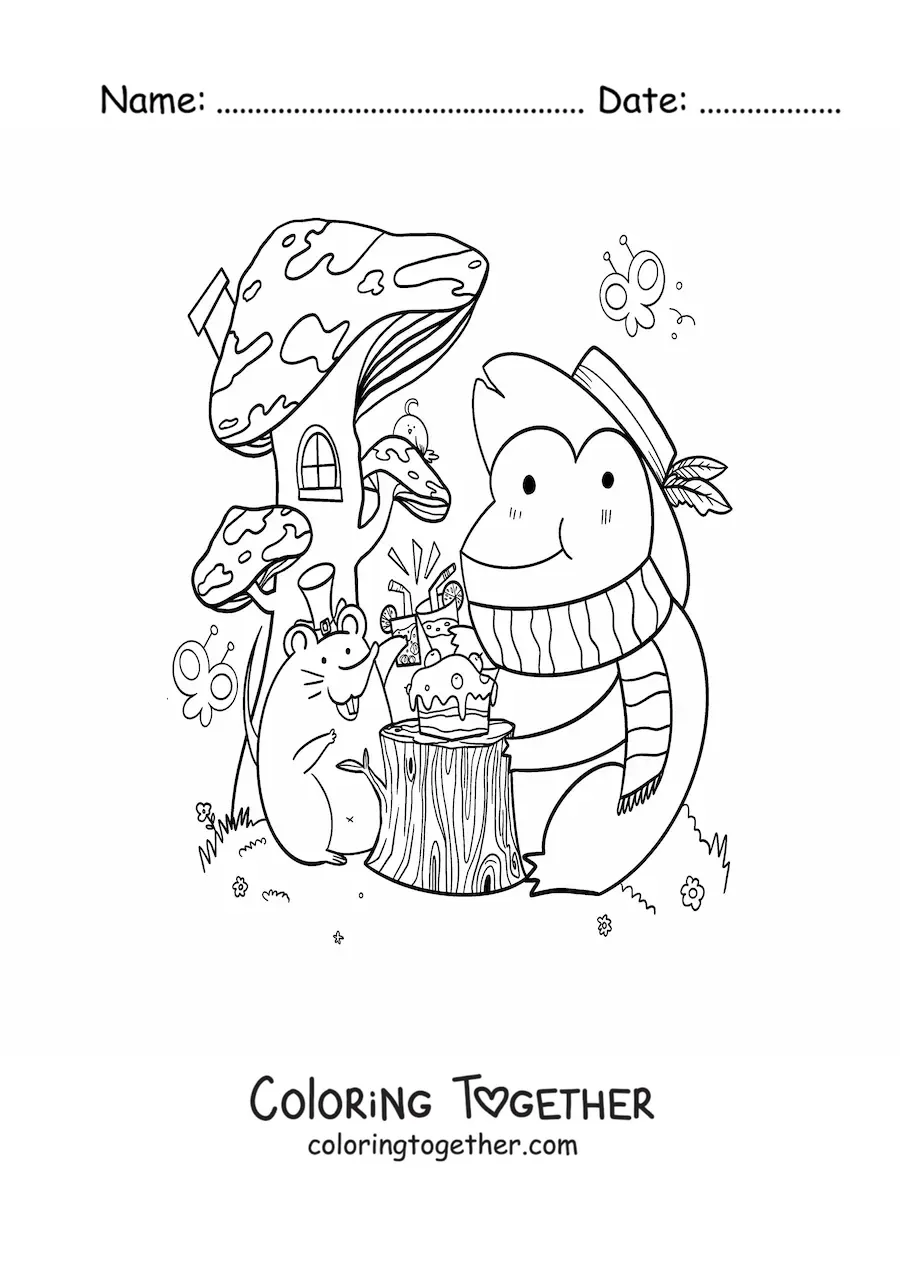 Coloring page of a cartoon kawaii frog and mouse at a party