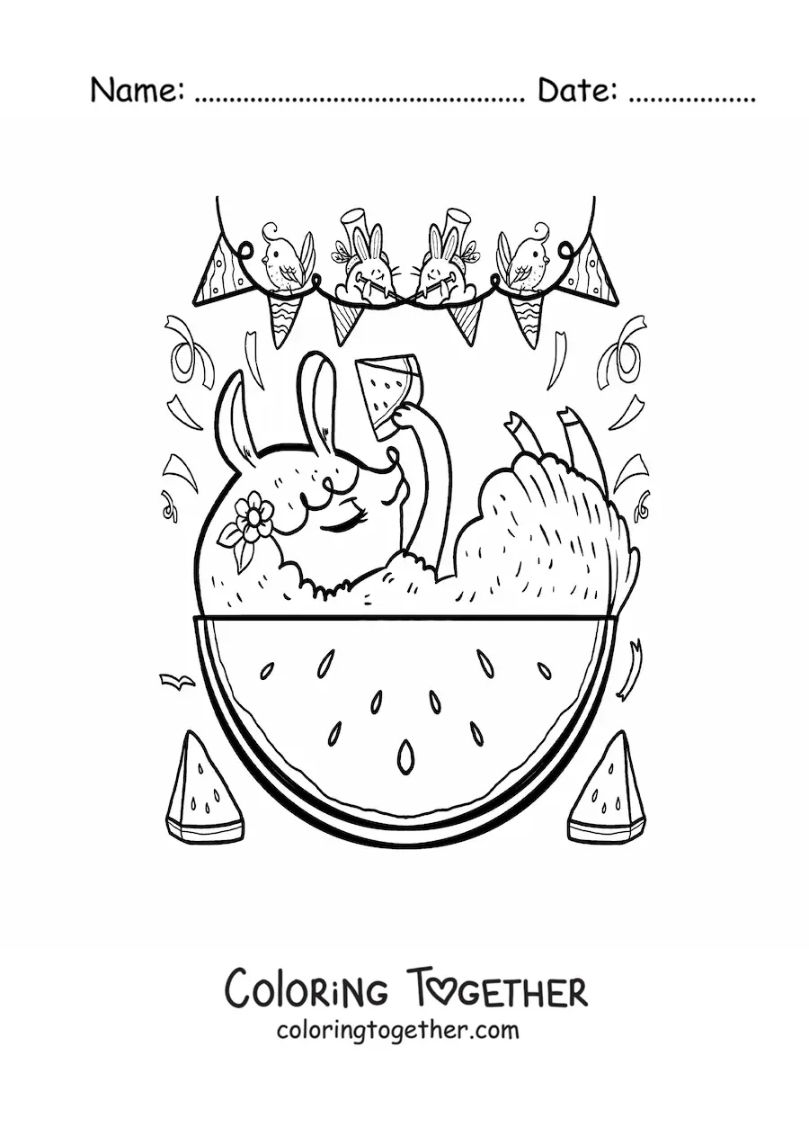 Coloring page of cartoon kawaii animals eating watermelon