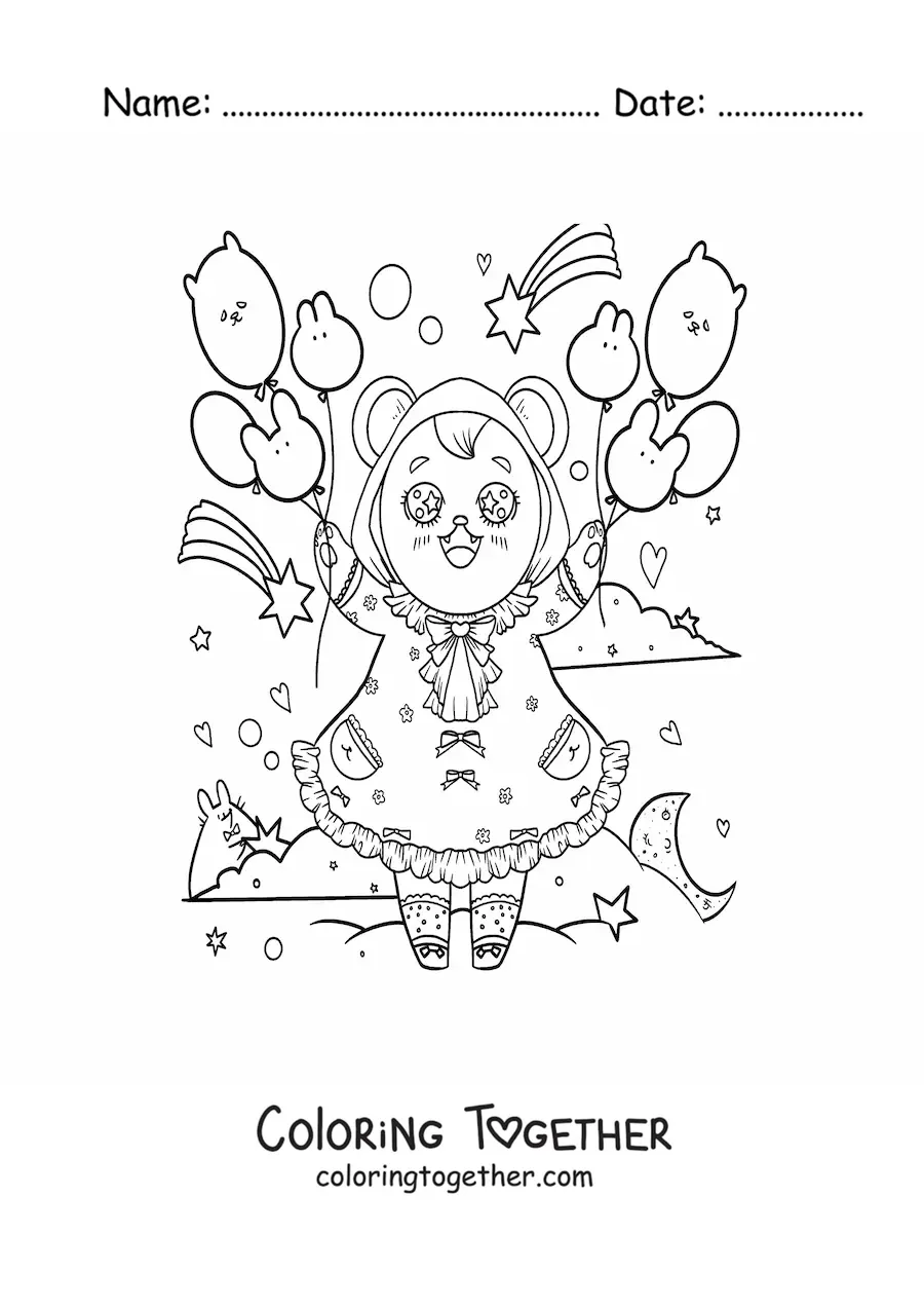 Coloring page of a cartoon kawaii bear cub with a dress and balloons