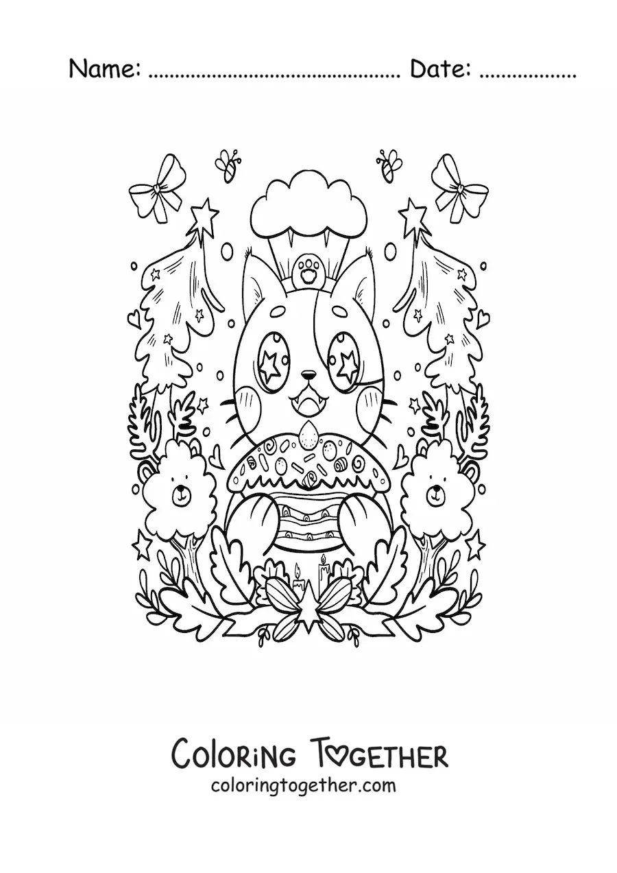 Coloring page of a cartoon kawaii chef cat with a cake