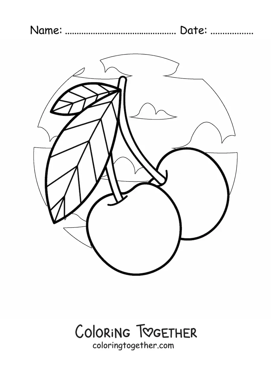 Coloring page of two cherries with clouds in the background