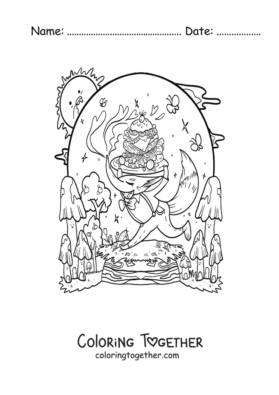 Coloring page of a cartoon kawaii fox with a tasty sandwich