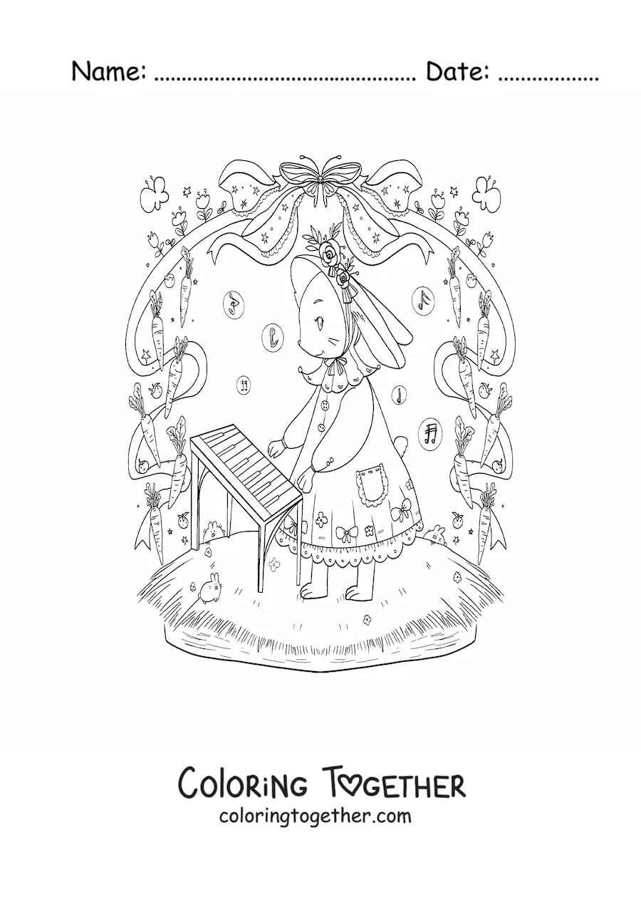 Coloring page of a cartoon kawaii bunny playing the piano