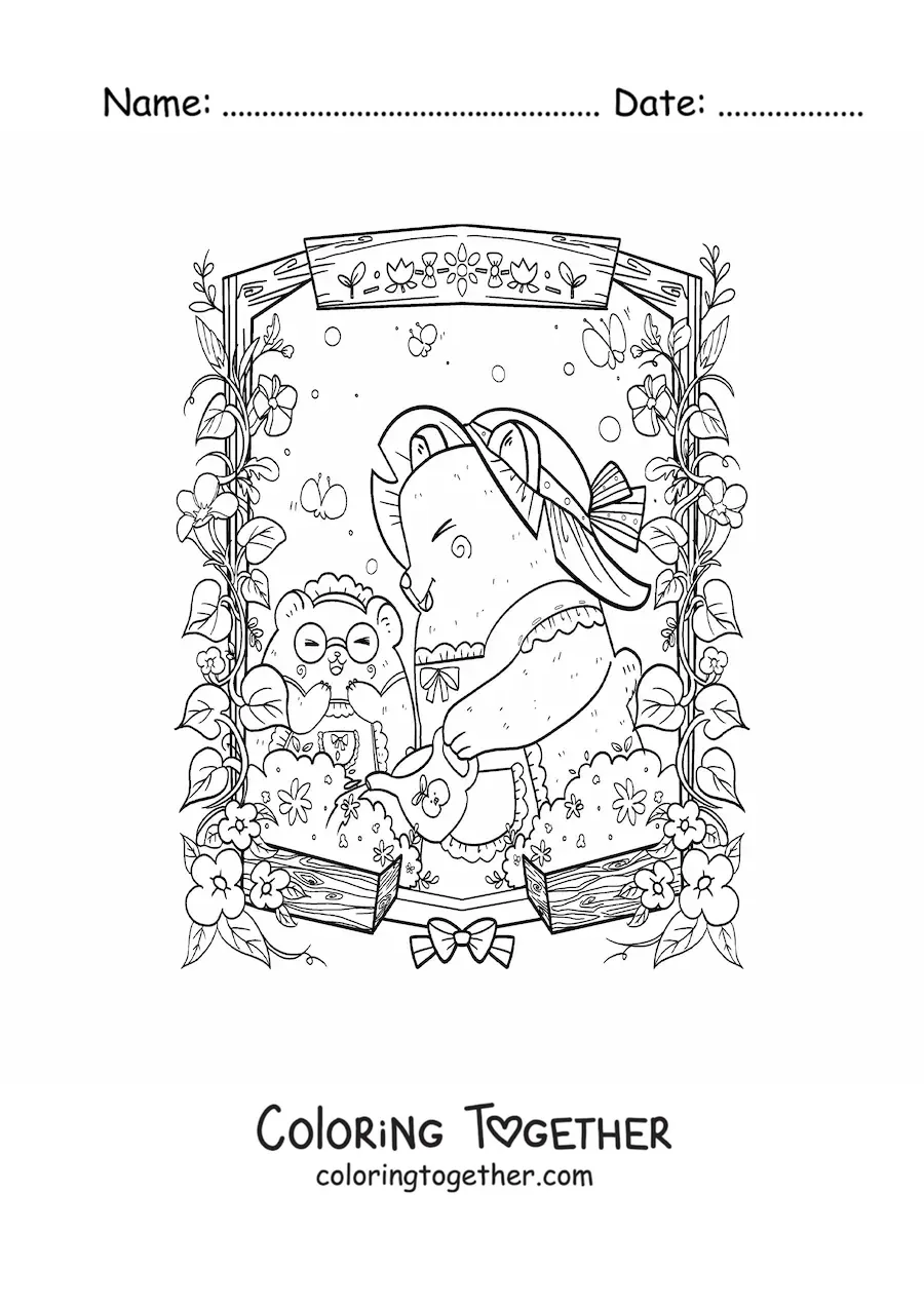 Coloring page of cartoon kawaii hamsters watering the plants