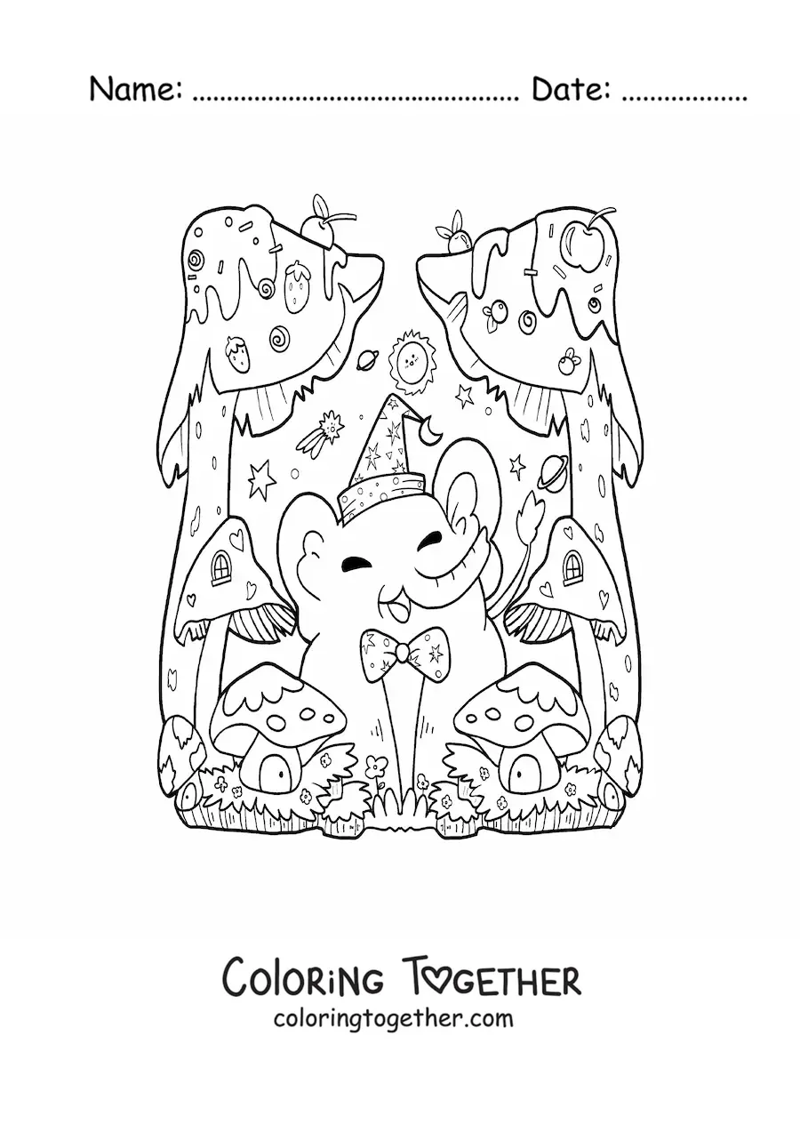 Coloring page of a cartoon kawaii elephant with fantasy mushrooms