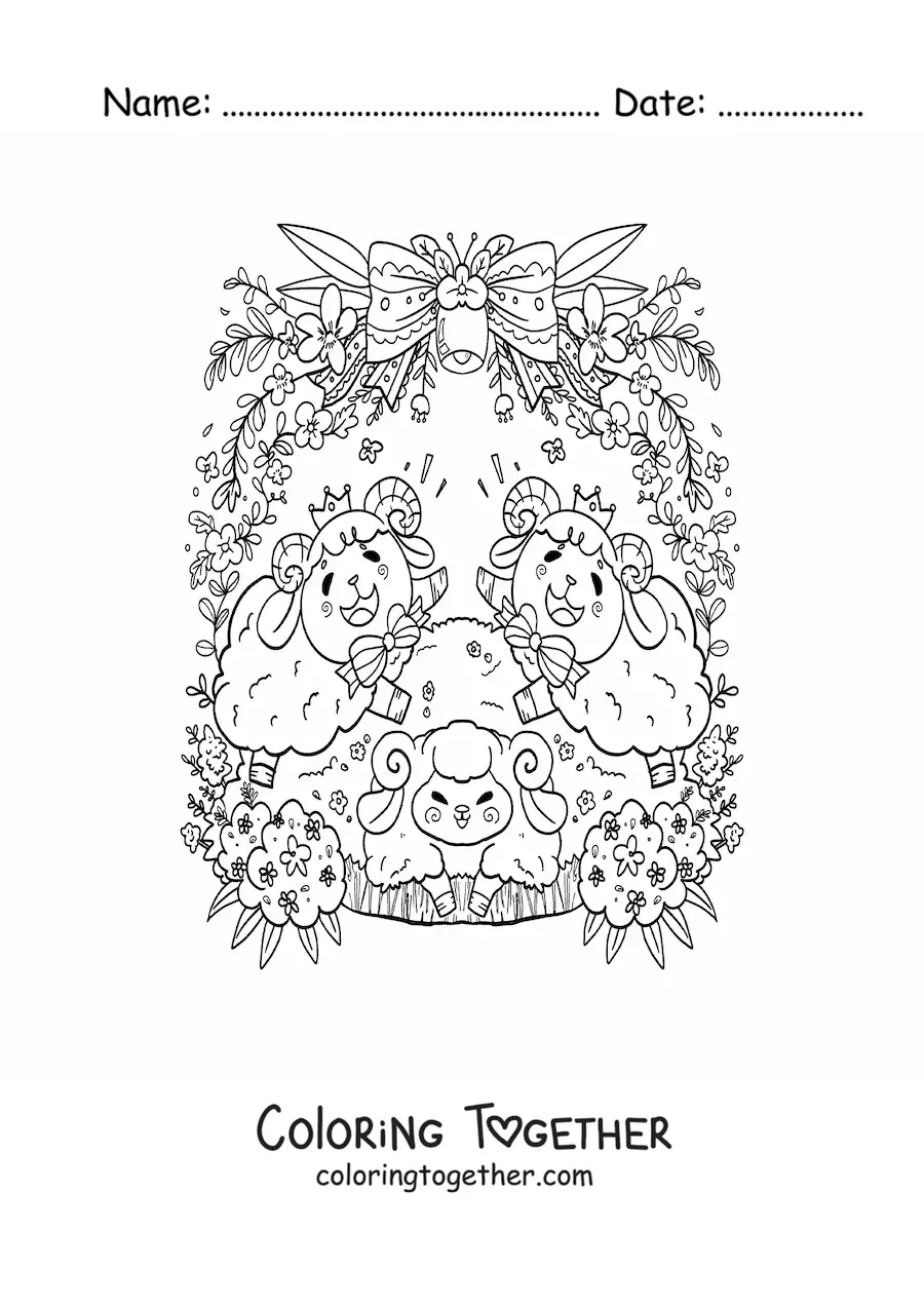 Coloring page of cartoon kawaii rams with flowers