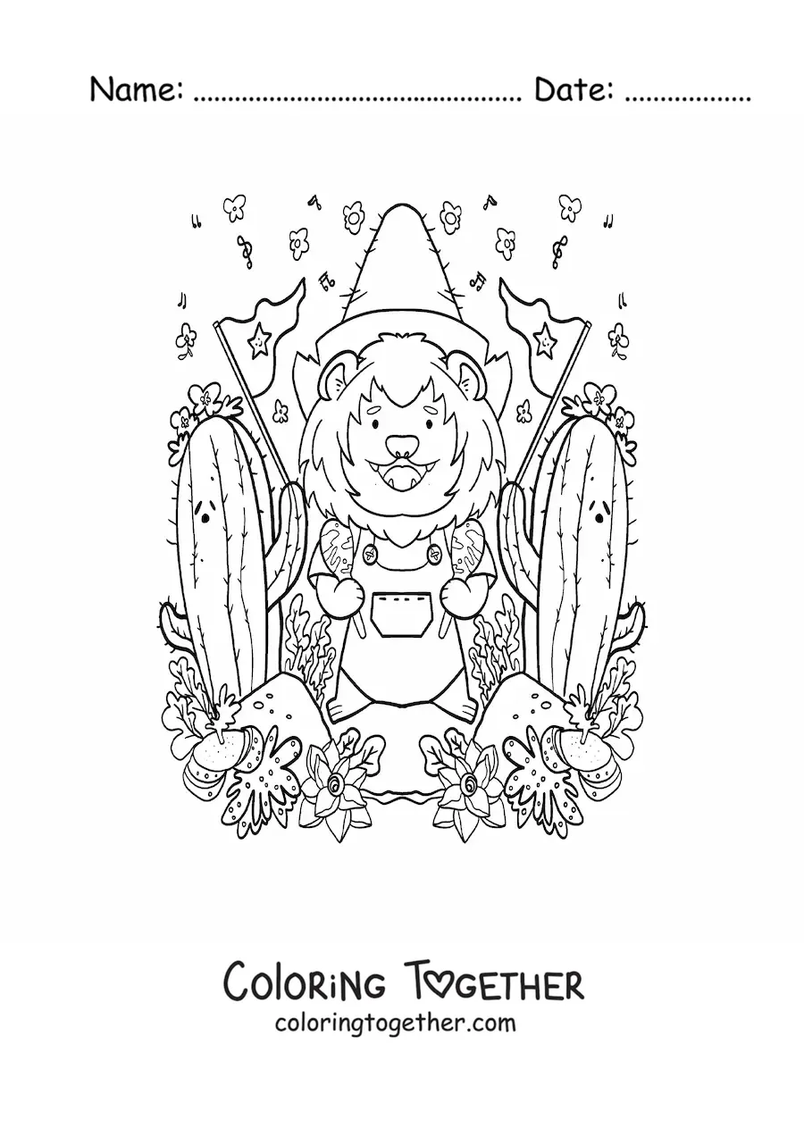 Coloring page of a cartoon kawaii lion with a cactus