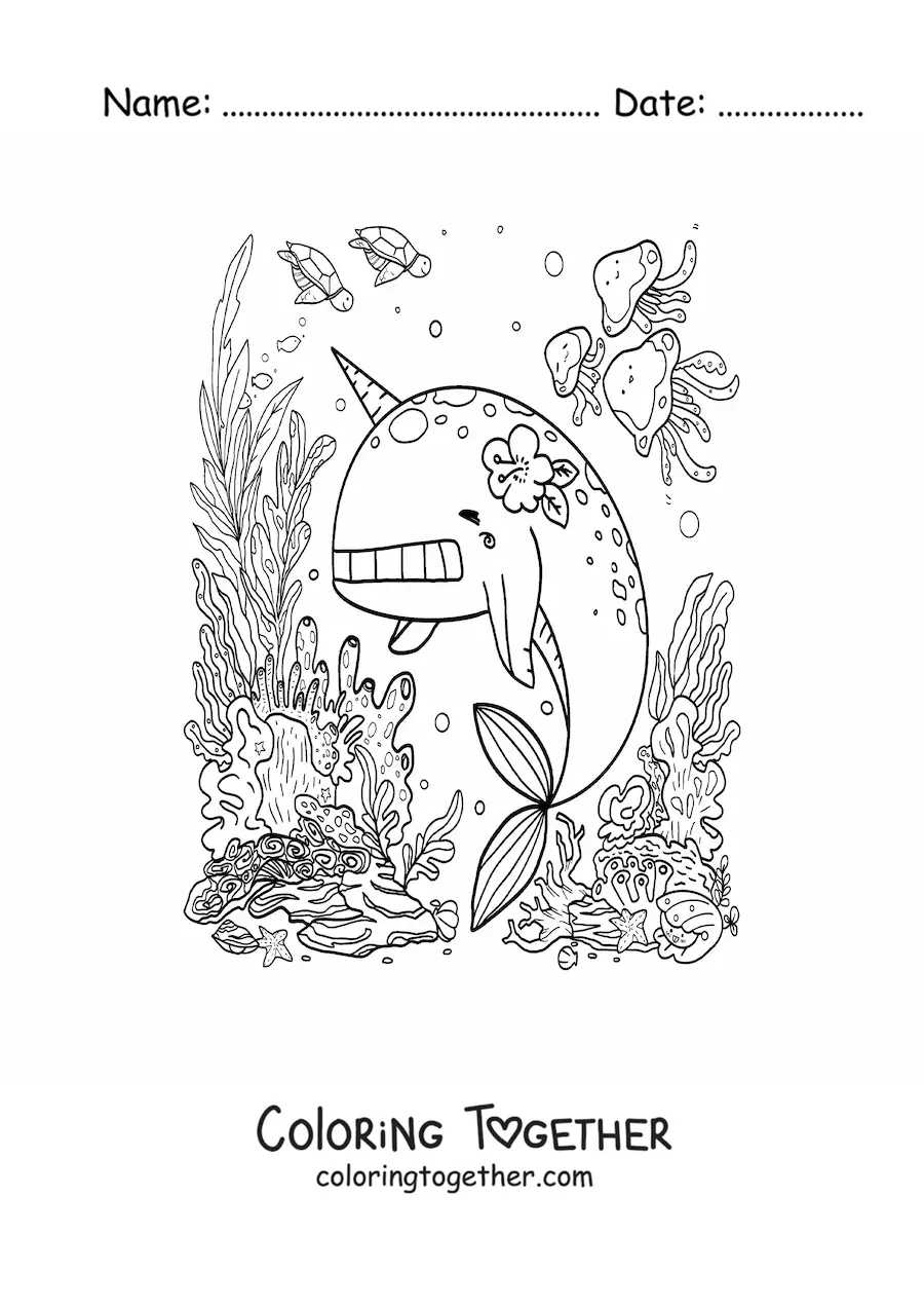 Coloring page of a cartoon kawaii narwhal in the sea