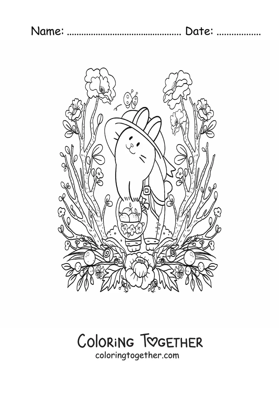 Coloring page of a cartoon kawaii bunny harvesting oranges