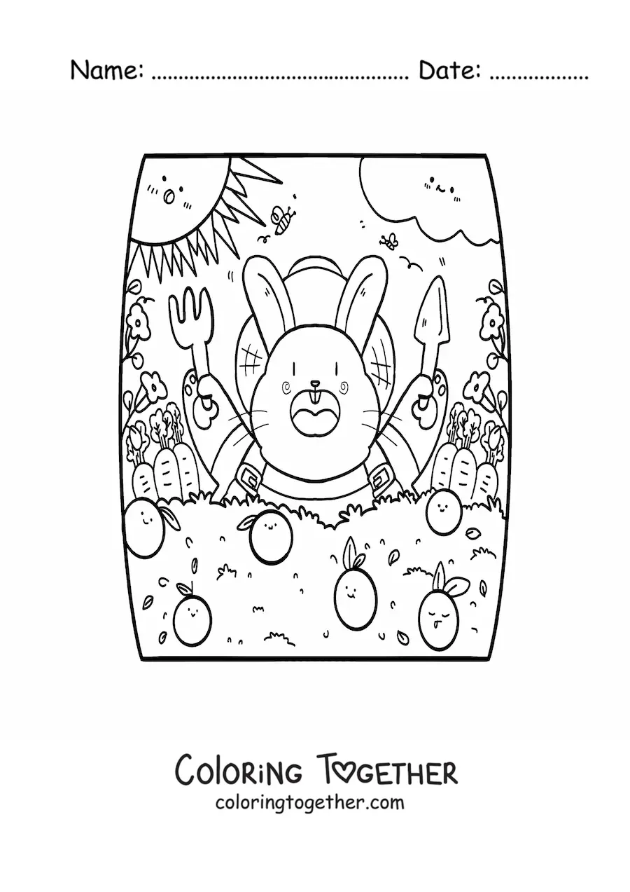 Coloring page of a cute cartoon rabbit eating oranges