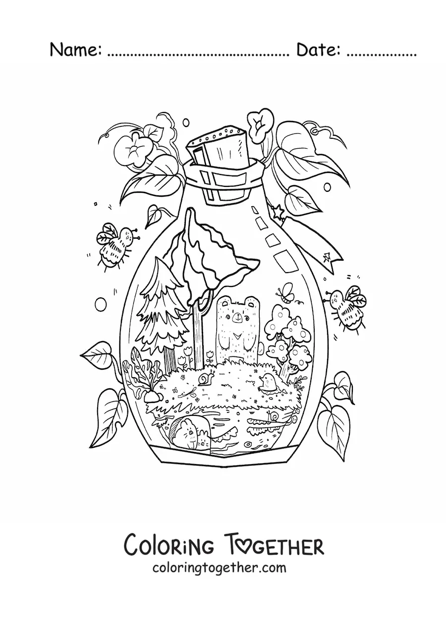 Coloring page of a cartoon kawaii bear cub in a magic forest inside a bottle