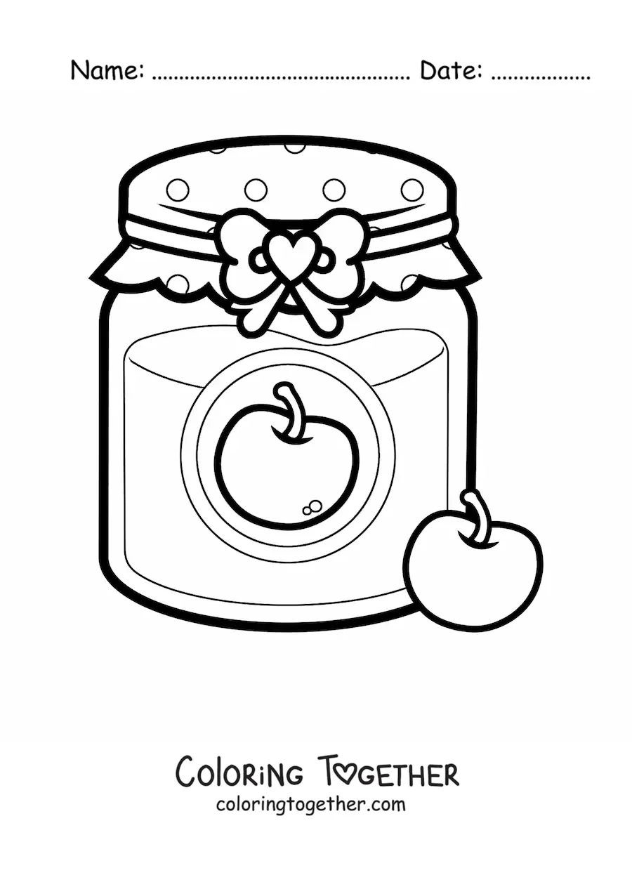 Coloring page of a jar of cherry jelly with a cherry beside it