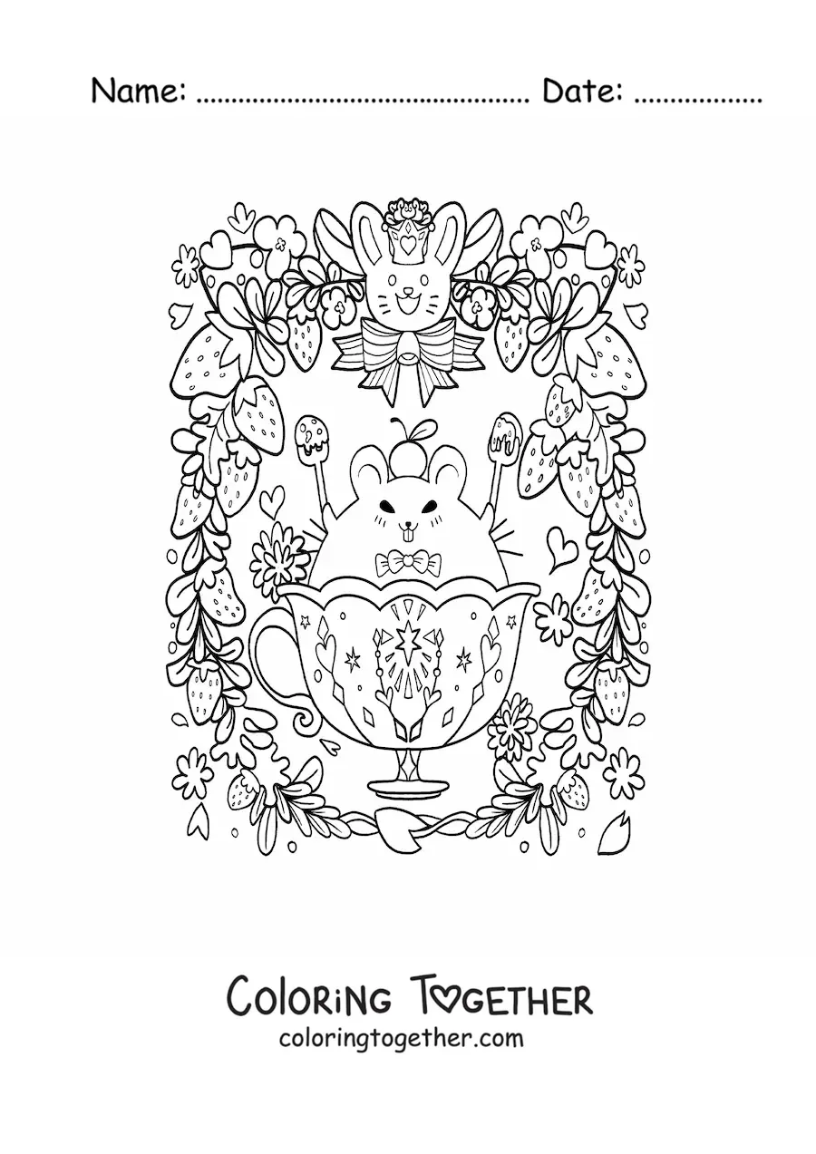 Coloring page of a cartoon kawaii mouse with strawberries