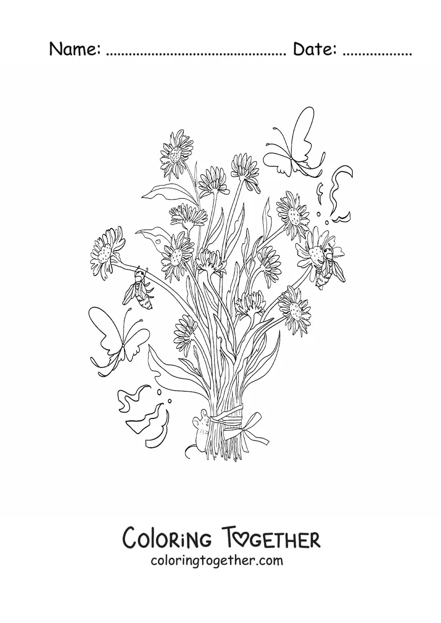 Coloring page of a bouquet of flowers with a cartoon kawaii mouse and butterflies