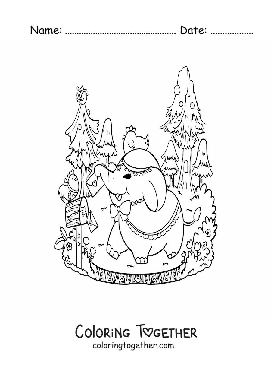 Coloring page of a cartoon kawaii elephant checking its mail in the forest