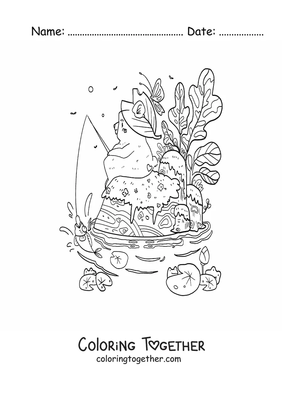 Coloring page of a cartoon kawaii bear sitting by the lake