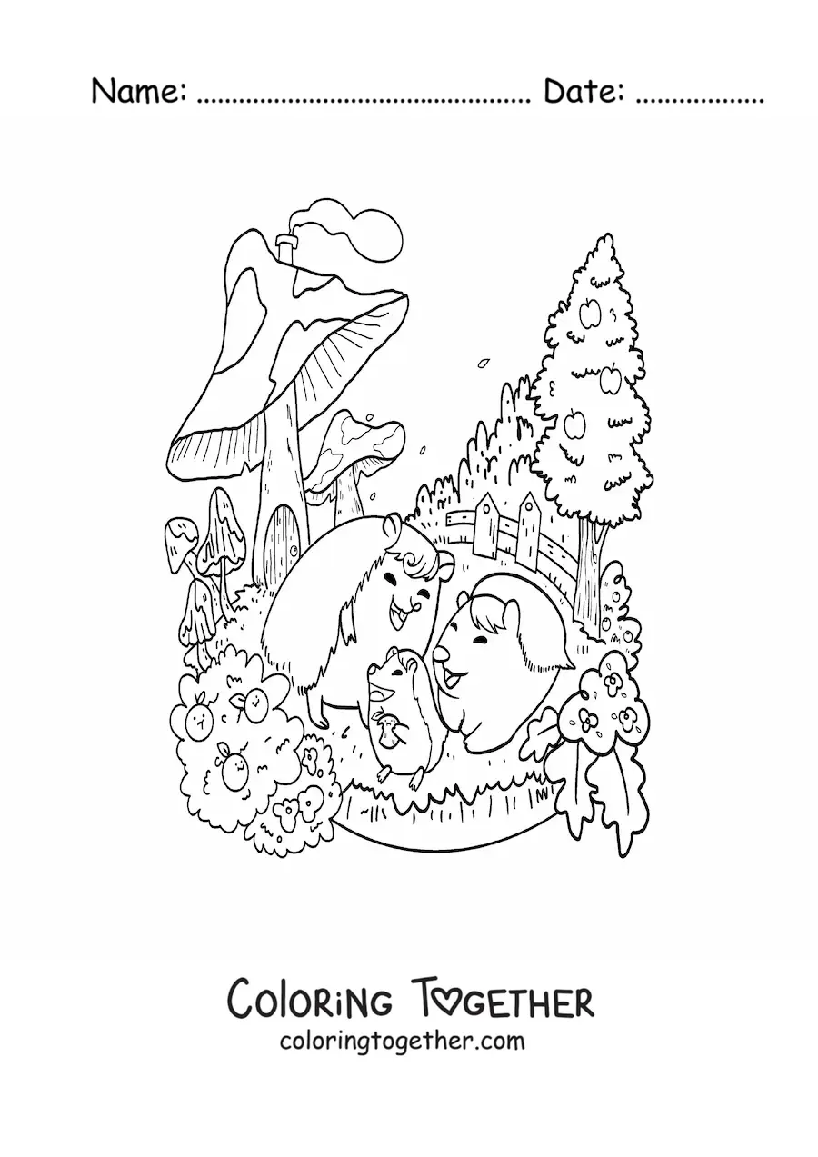 Coloring page of cartoon kawaii porcupines in a magic garden