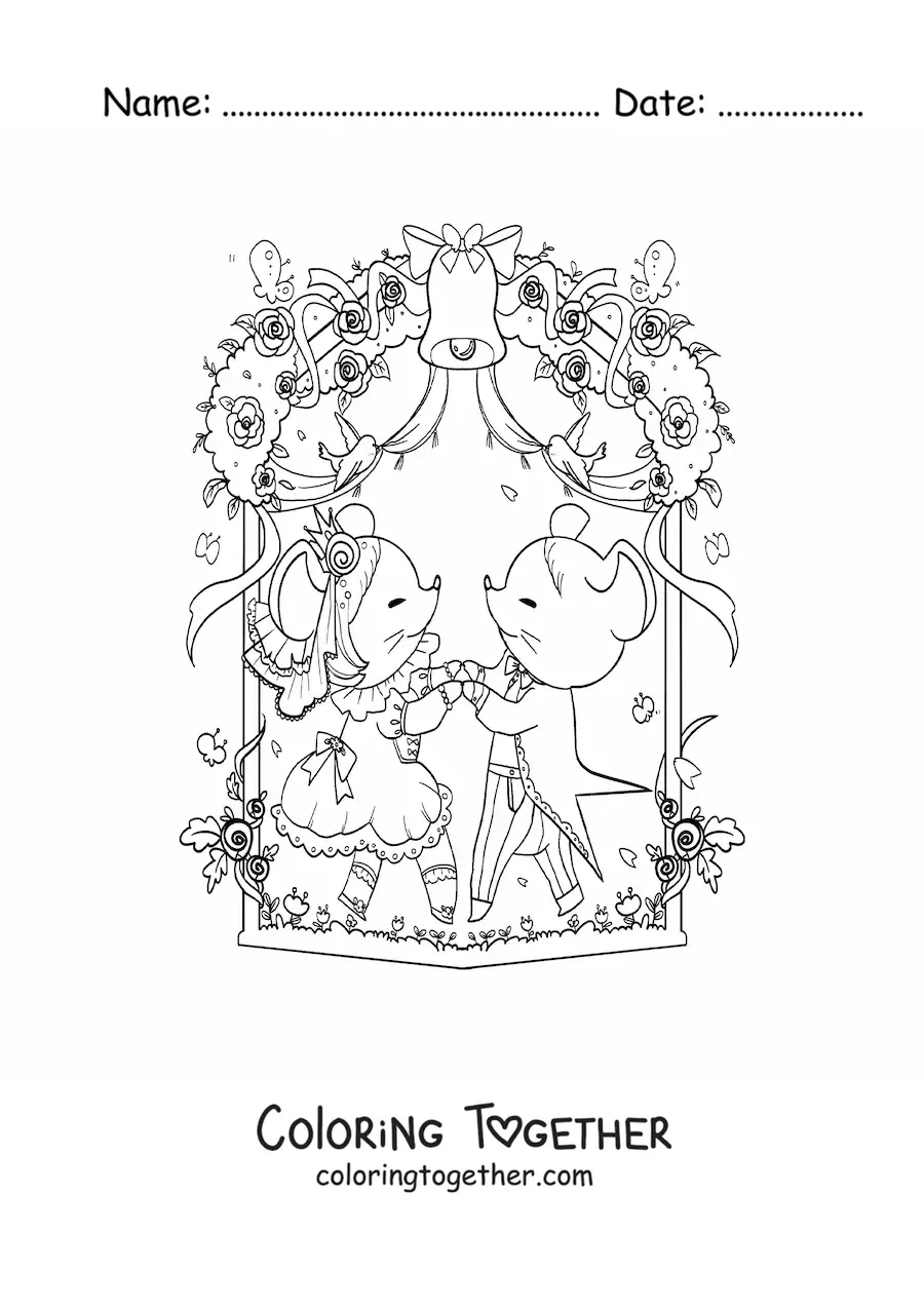 Coloring page of cartoon kawaii mice dancing the waltz