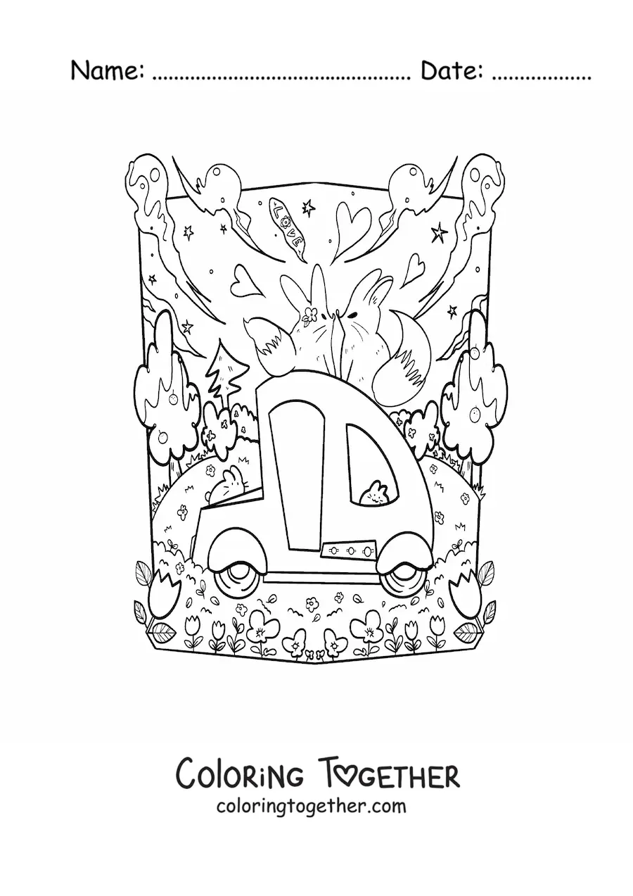 Coloring page of cute foxes in love in a cart