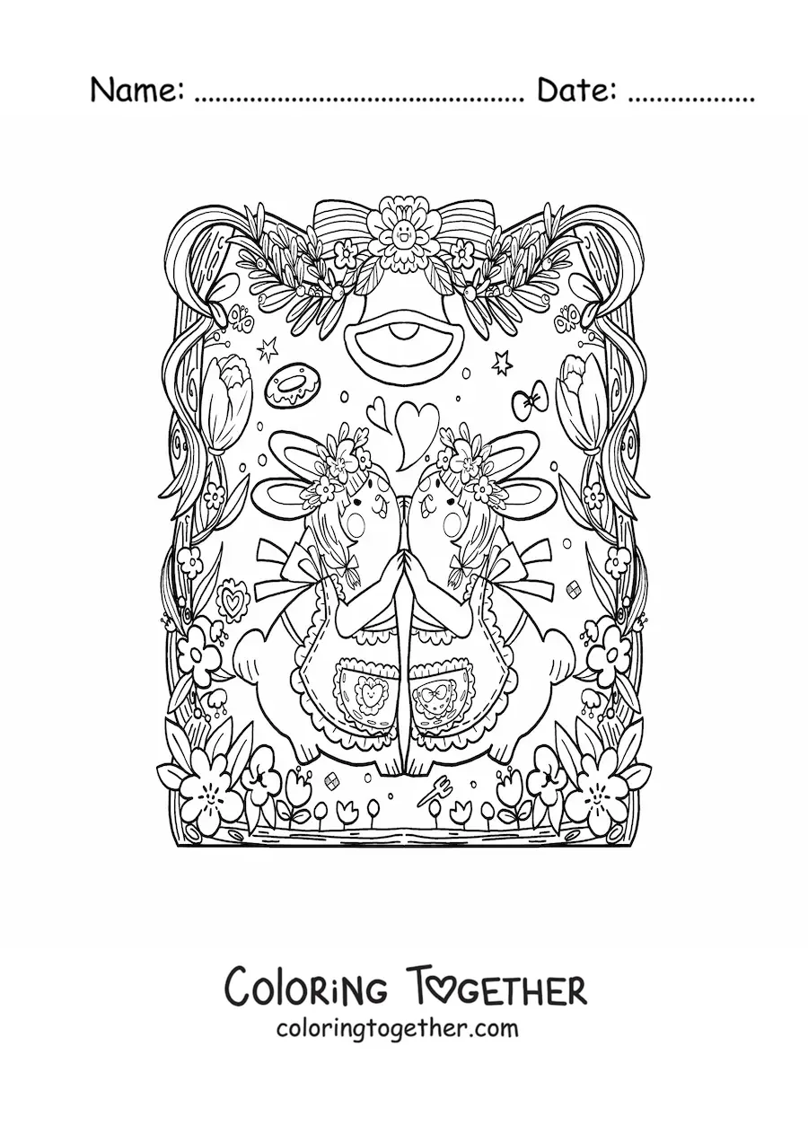 Coloring page of cute rabbits in love dancing