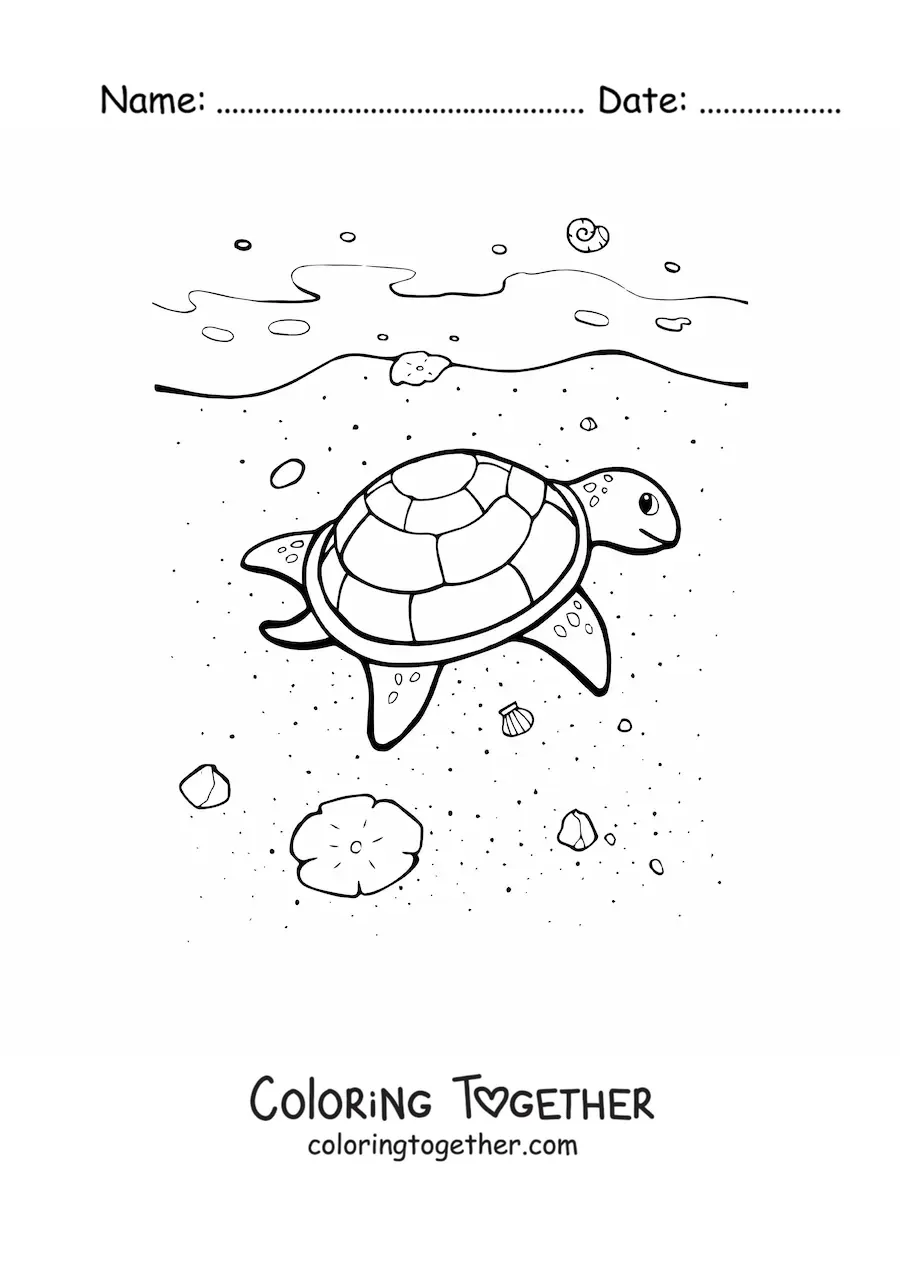 Coloring page of a turtle at the beach
