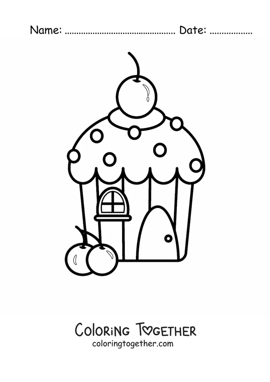 Coloring page of a cupcake house with a cherry on the roof