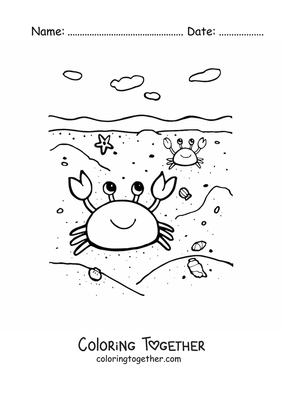 Coloring page of crabs on the beach shore