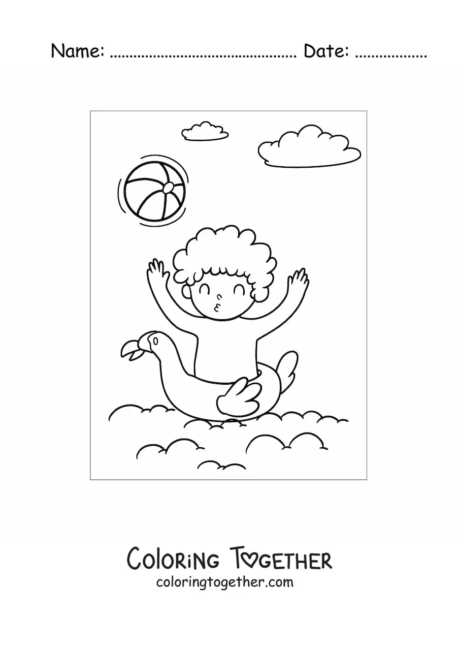 Coloring page of a happy child in the sea