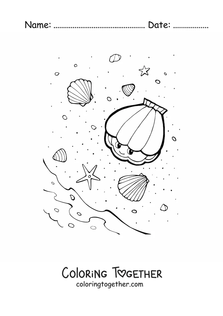Coloring page of seashells on the beach shore