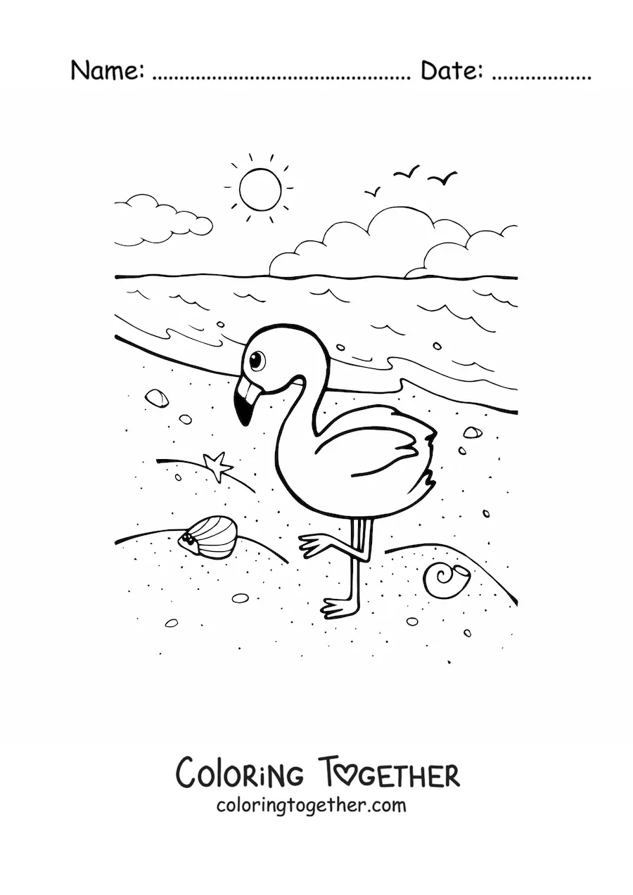 Coloring page of a flamingo on the beach