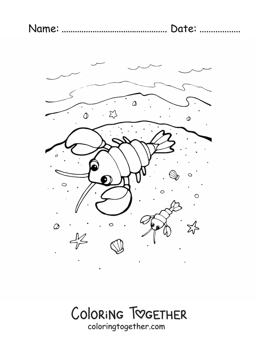 Coloring page of lobsters on the beach