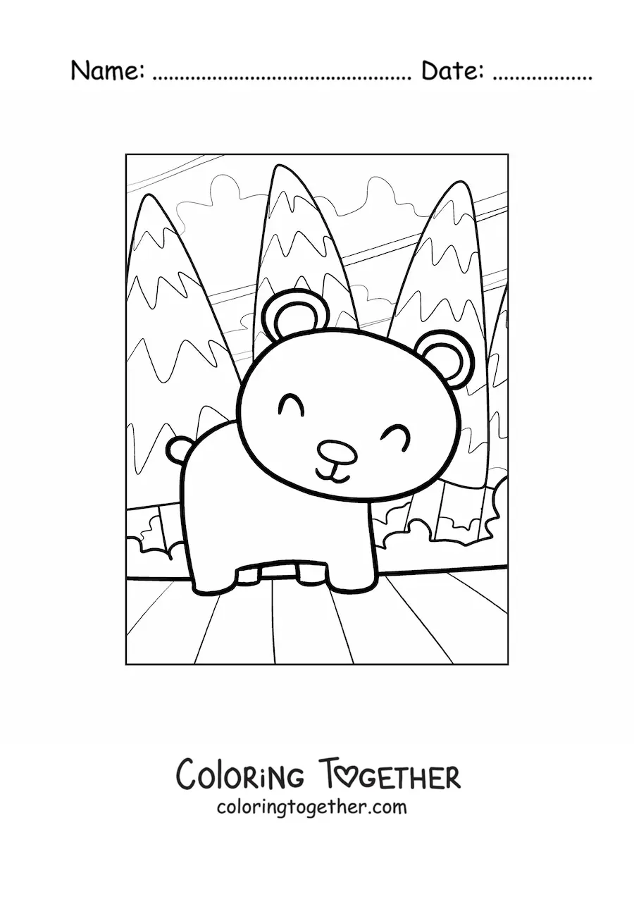 Coloring page of a kawaii bear in the forest