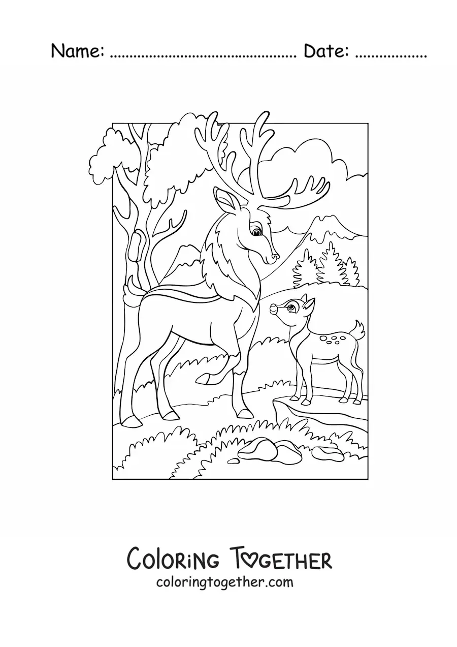 Coloring page of deer in the forest