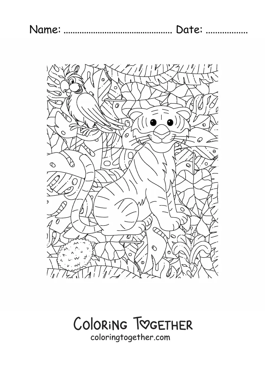 Coloring page of a tiger cub in the jungle