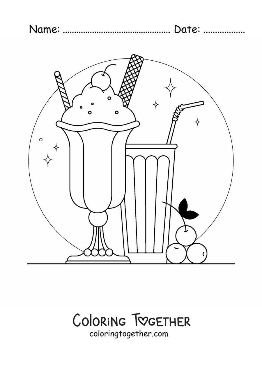 Coloring page of an ice cream with cherries and a glass with a straw