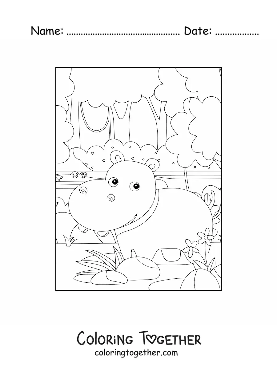 Coloring page of an animated wild hippopotamus