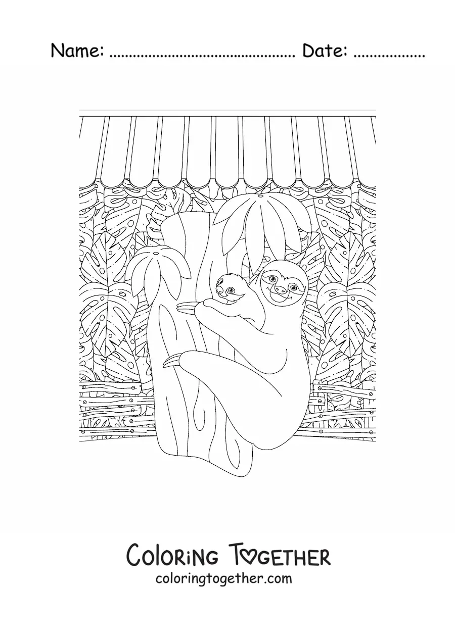Coloring page of tropical rainforest sloths