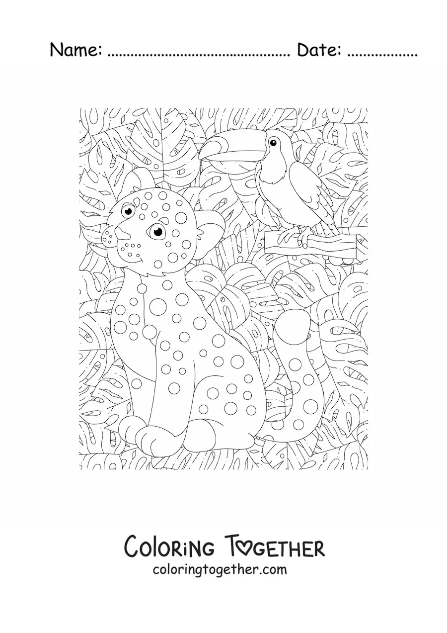 Coloring page of a leopard cub in the jungle