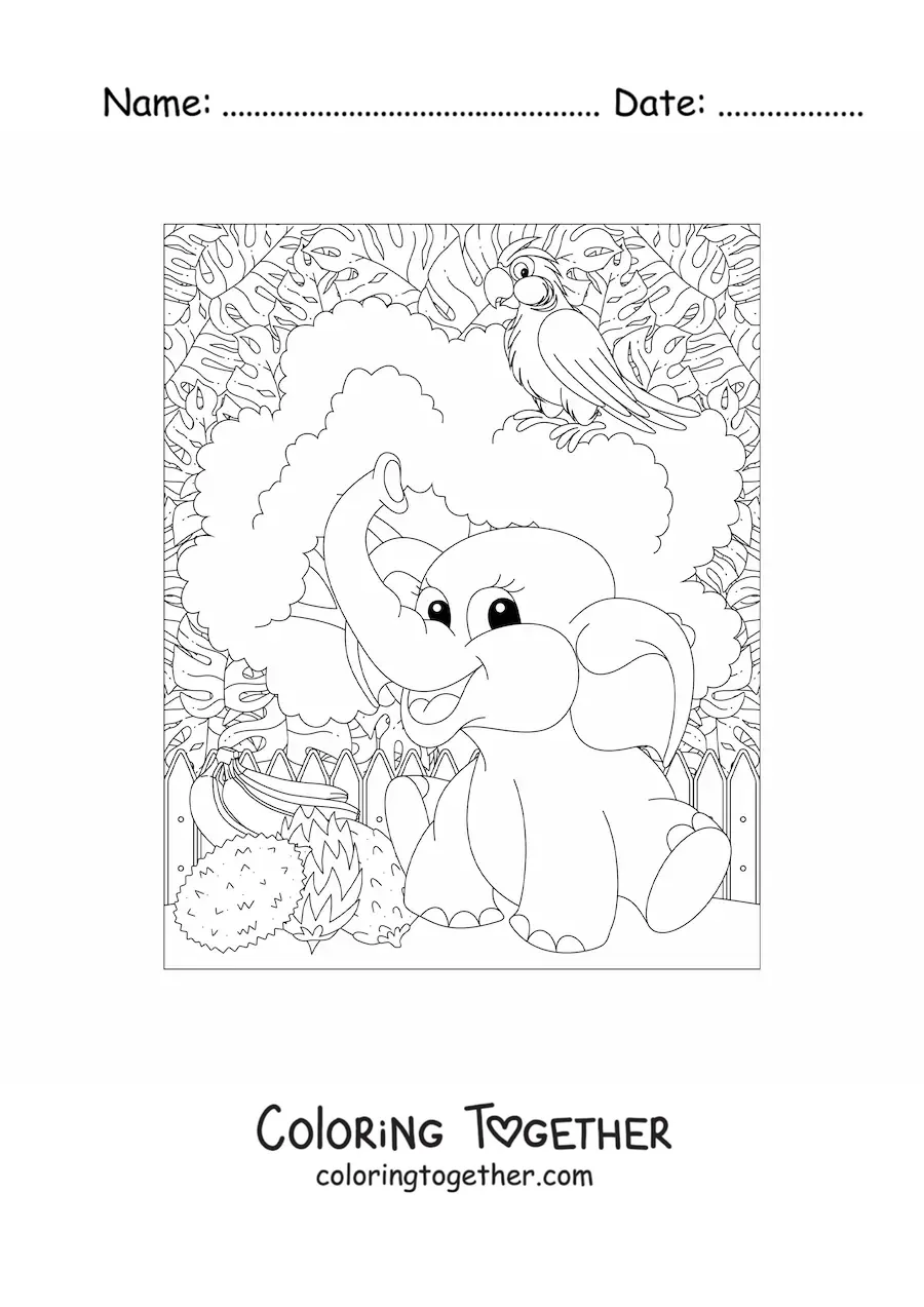 Coloring page of a kawaii elephant in the jungle