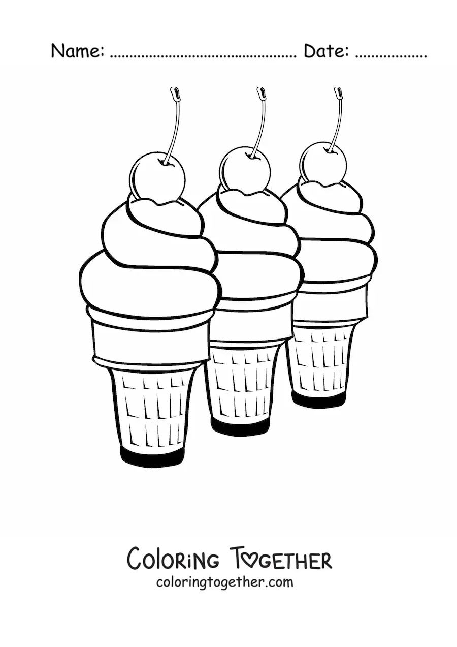 Coloring page of three ice creams in a row with cherries