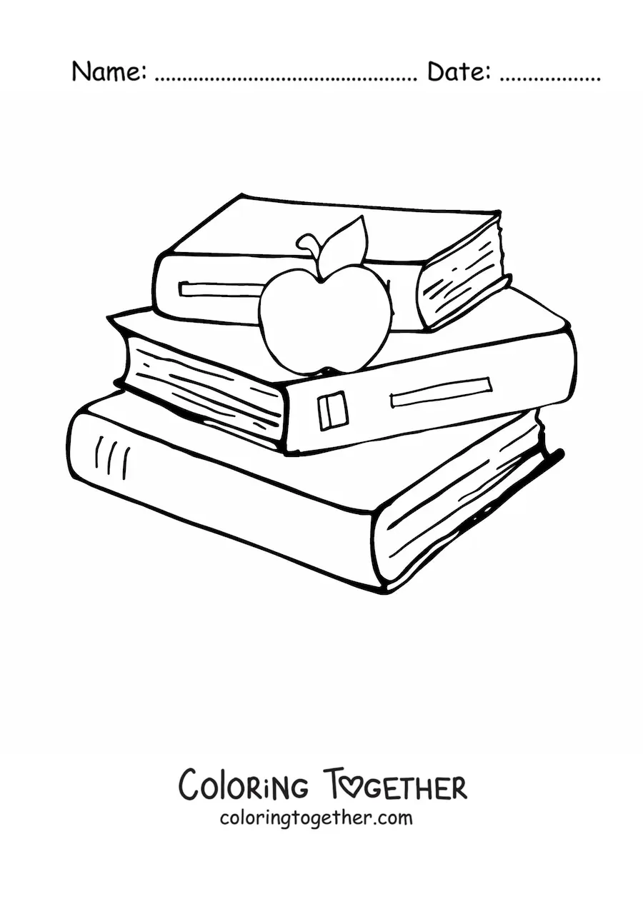 Coloring page of an apple on top of a stack of school books