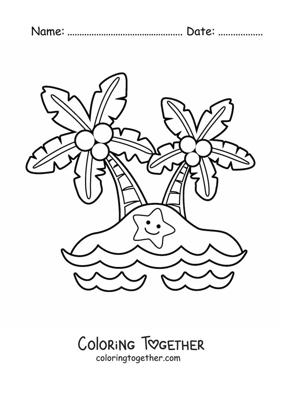 Coloring page of a kawaii island with palm trees