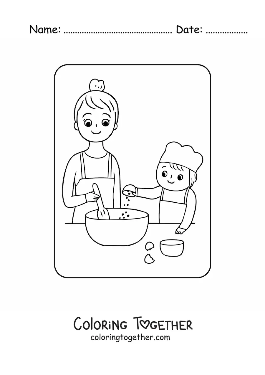 Coloring page of a son cooking with his mother on Mother's Day