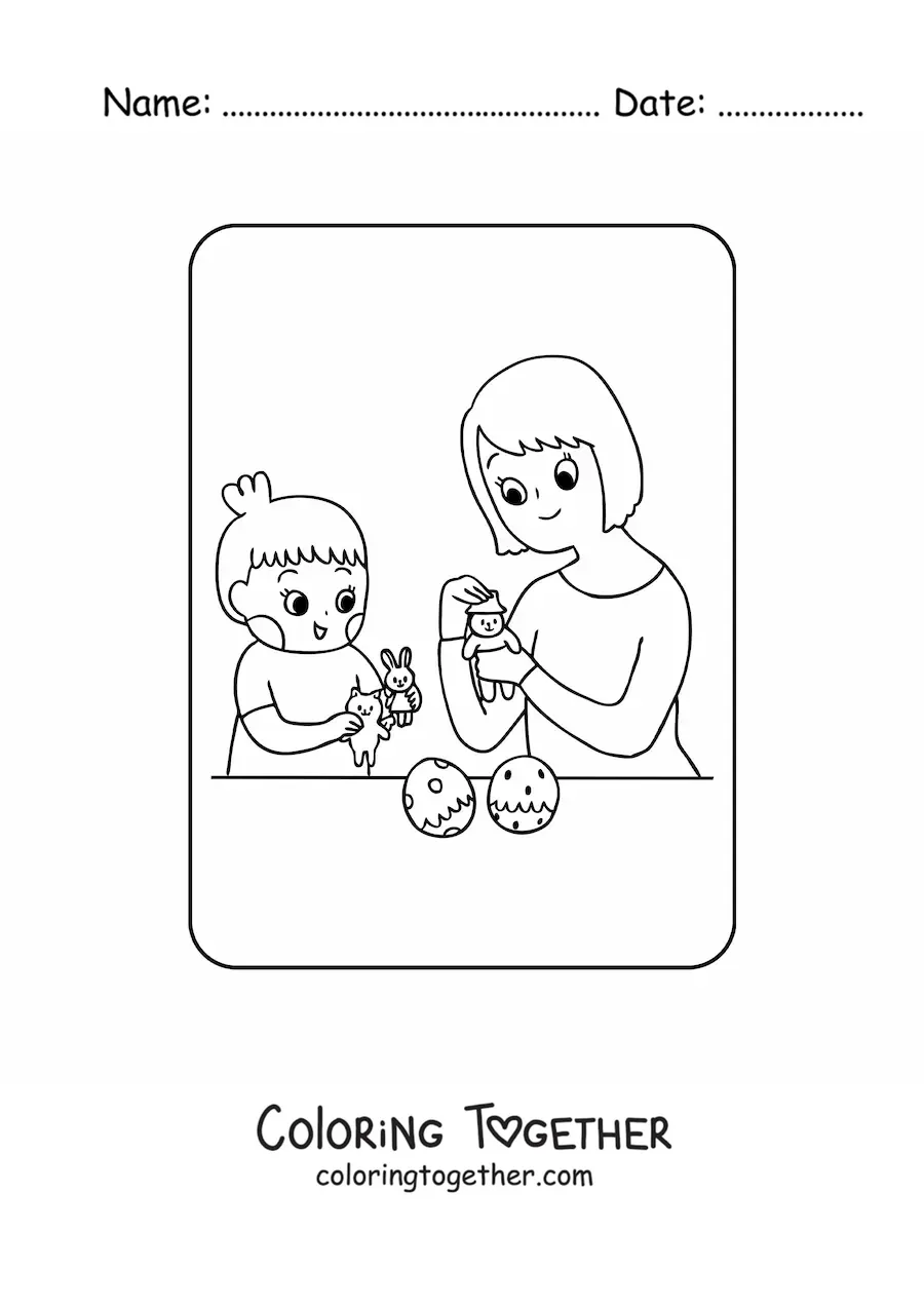 Coloring page of a kawaii girl playing with dolls with her mom on Mother's Day