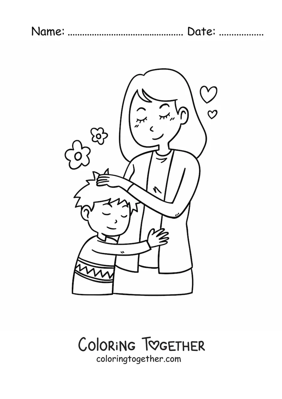 Coloring page of a kawaii boy hugging his mom on Mother's Day